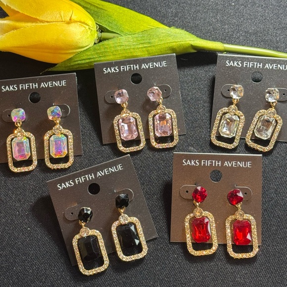 Saks Fifth Avenue Crystal Gold Statement Earrings 1.5in - Picture 8 of 14